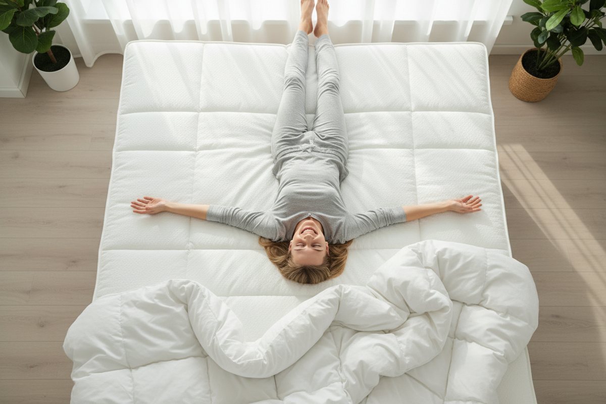 Billede af en dame der ligger på ryggen og smiler med armene ud til siden på en topmadras i en seng. Billedet skal ses oppe fra så man kan se næsten hele damen 