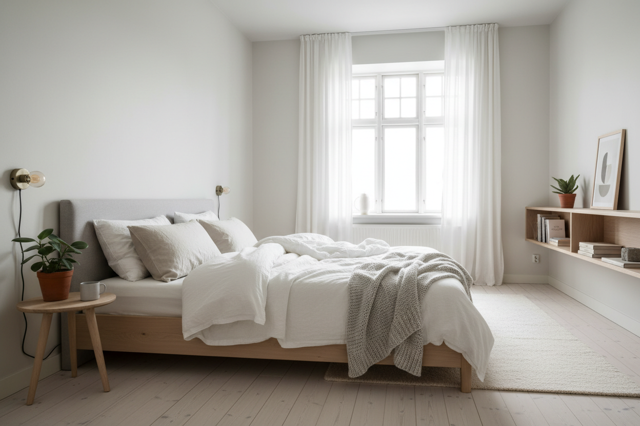 Generer en seng med dyner i et rolig københavner soveværelse i samme stil som Nordic dream 