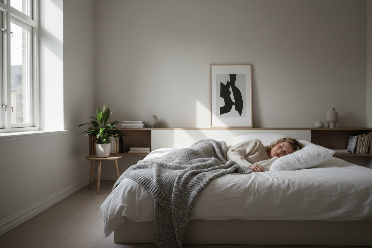 Generer et billede af en dame der ligger med én pude i en seng i en københavner lejlighed. Damen skal have lyst hår 